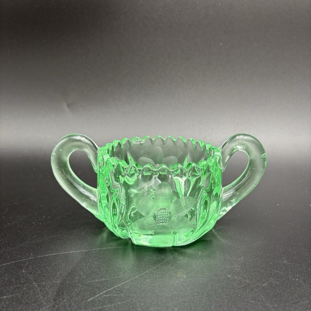 Green Uranium Depression Glass Sugar Bowl Double Handles
